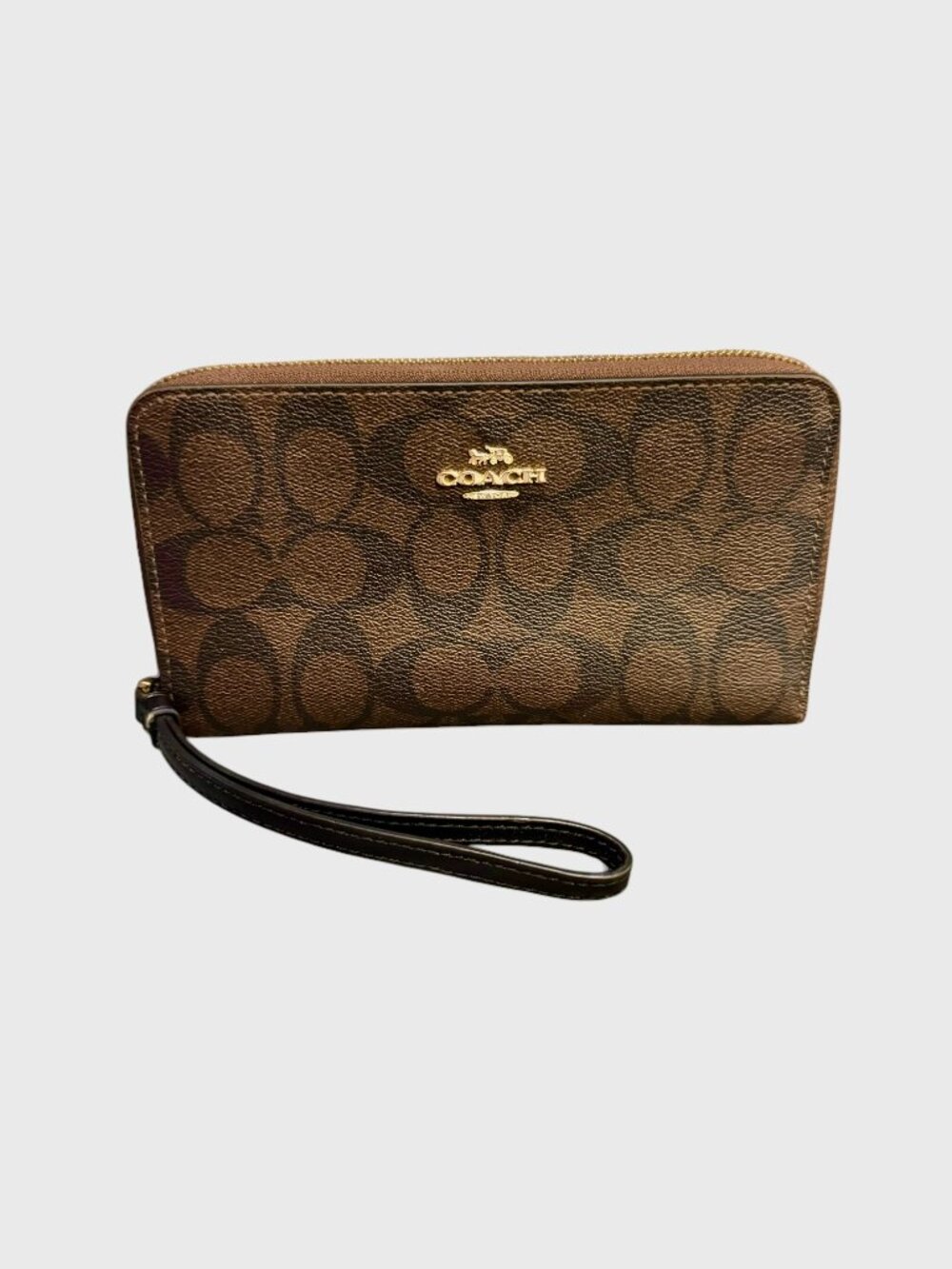 COACH large phone zip around wallet signature canvas wristlet brown black EUC